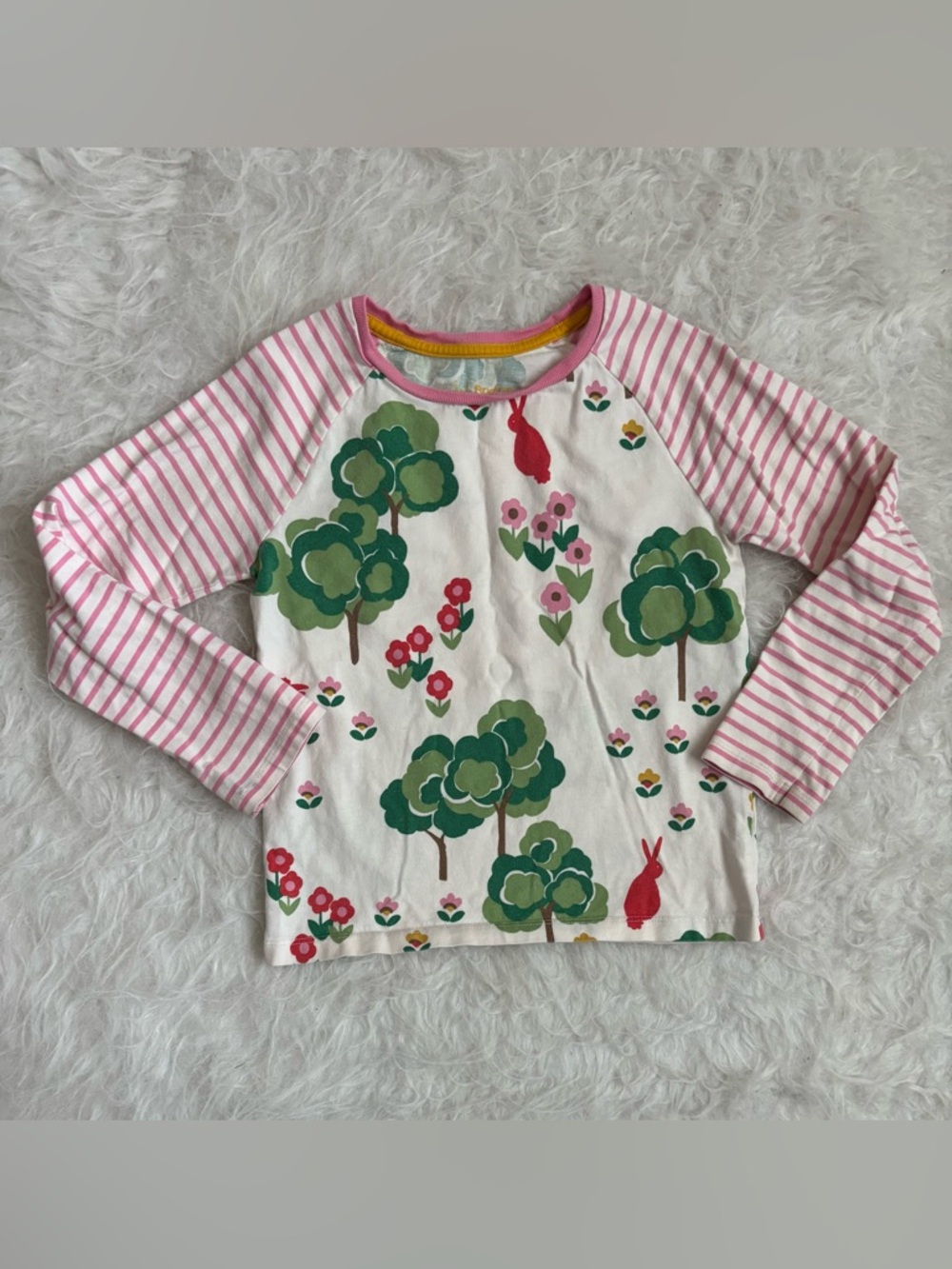 Mini Boden Girls Tee with Pink Striped Raglan Sleeves and Cottage Forest Print